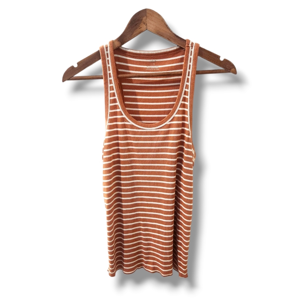 Aerie Dusty Orange and White Striped Ribbed Racerback Tank Top | Large